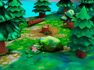 Colorful Cartoon Forest Scene With Green Trees Fallen Log Rocks Flowers And Mushrooms 3d model