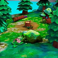 Colorful Cartoon Forest Scene With Green Trees Fallen Log Rocks Flowers And Mushrooms