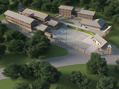 School Buildings Campus Layout With Green Trees And Basketball Court Area 3d model
