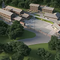 School Buildings Campus Layout With Green Trees And Basketball Court Area