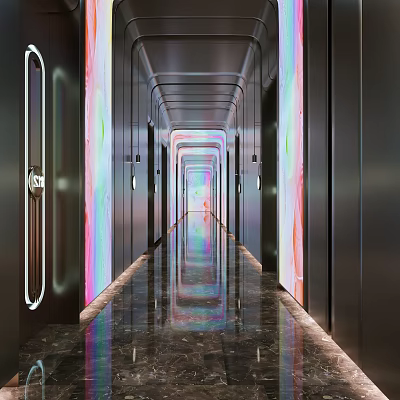 Luxurious Modern Elevator Hallway Design With Ambient Lighting Mirrored Floor And Sleek Panels 3d model