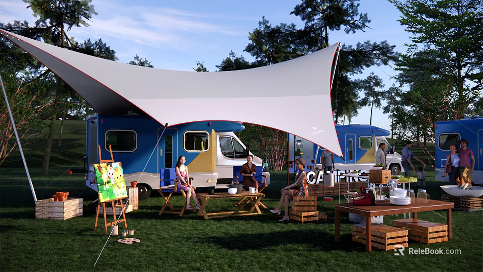Camping Site With Camper Van White Canopy Green Grass And Outdoor Relaxing Area 3d model 