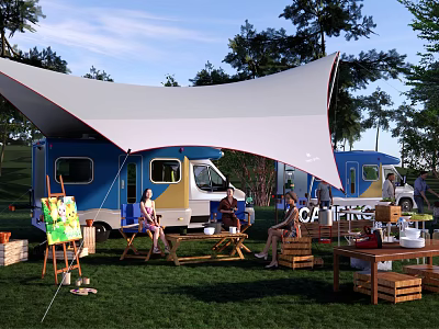 Camping Site With Camper Van White Canopy Green Grass And Outdoor Relaxing Area 3d model