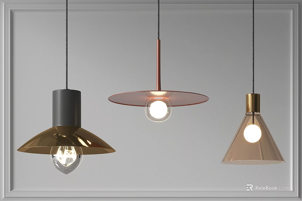 Modern Pendant Lights With Conical Circular Triangular Metallic Shades For Minimalist Interior 3d model