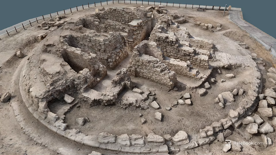 Ancient Stone Ruins With Circular Stone Walls And Scattered Blocks In Archaeological Site 3d model 