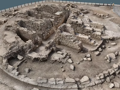 Ancient Stone Ruins With Circular Stone Walls And Scattered Blocks In Archaeological Site 3d model