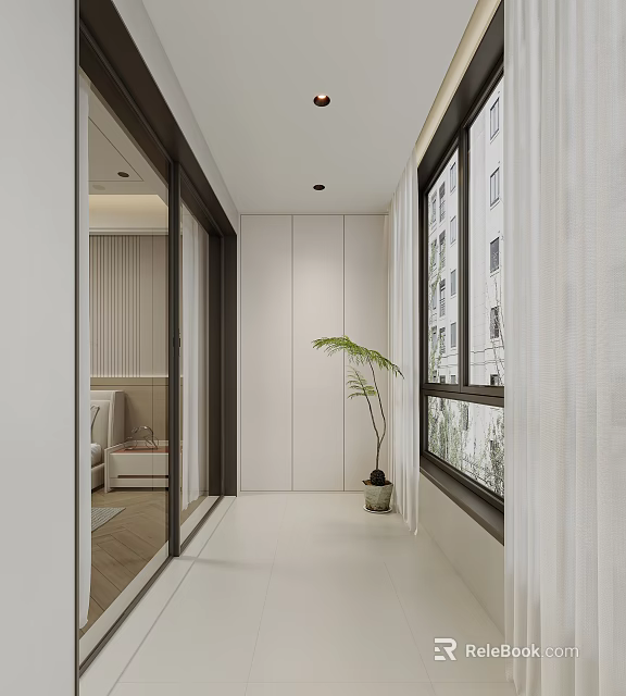 Modern Home Balcony Design With Large Windows White Curtains And Potted Plant 3d model 