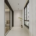 Modern Home Balcony Design With Large Windows White Curtains And Potted Plant