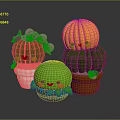 Cute Green And Yellow Cactus Dolls With Smiling Faces And Pink Flowers In Pots