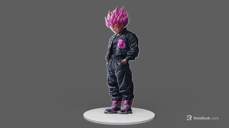 Game Movie Character in Black Jacket with Pink Hair Symbol Pants Purple Shoes White Base 3d model 