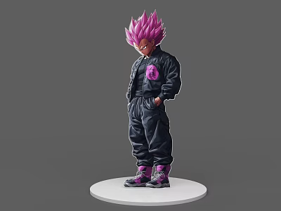Game Movie Character in Black Jacket with Pink Hair Symbol Pants Purple Shoes White Base 3d model