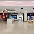 Spacious Modern Retail Store Interior With Product Display Areas Wooden Flooring And Striped Ceiling Designs