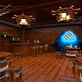 Wooden Interior With Barrel Tables Wine Racks Ship Wheel Chandeliers And Blue Lit Archway