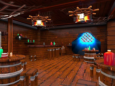 Wooden Interior With Barrel Tables Wine Racks Ship Wheel Chandeliers And Blue Lit Archway 3d model