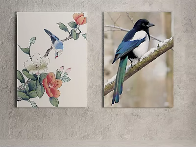 Hanging Animal Paintings With Bird Flowers And Branches As Wall Decorative Art 3d model