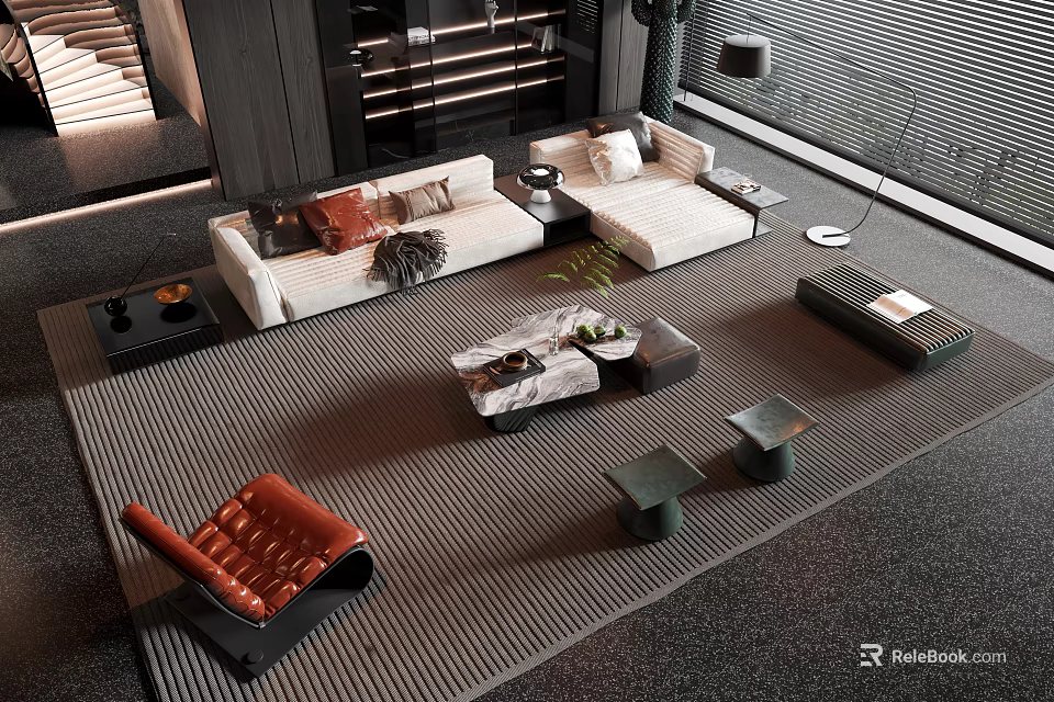 Modern Sofa and Coffee Table Set With Marble Top Side Tables and Area Rug 3d model