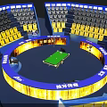 Spacious Competitive Billiard Room With Central Table Circular Seating Yellow Black Seats And Blue Billboards