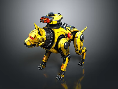 Detailed Yellow Mechanical Dog With Red Eyes And Robotic Components 3d model