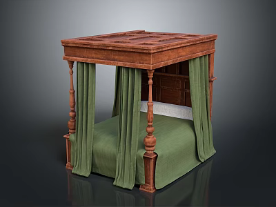 Vintage Wooden Four Poster Bed With Green Drapes And Classic Design 3d model