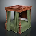 Vintage Wooden Four Poster Bed With Green Drapes And Classic Design