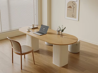 Oval Wooden Desk With White Column Legs Laptop Cup And Small Plant In Minimalist Room 3d model