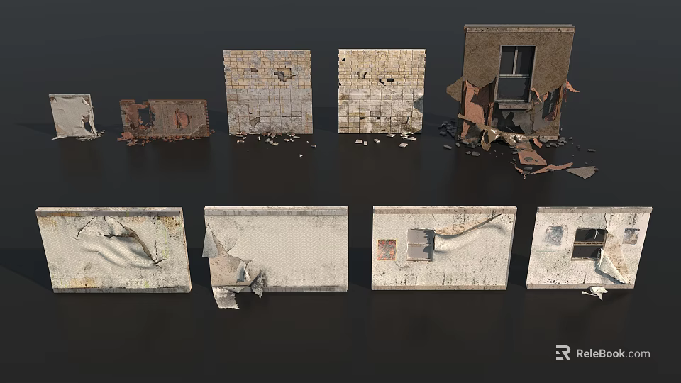 Ruined Building Components With Broken Walls Crumbling Bricks And Damaged Frames 3d model 