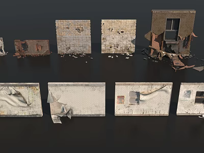 Ruined Building Components With Broken Walls Crumbling Bricks And Damaged Frames 3d model