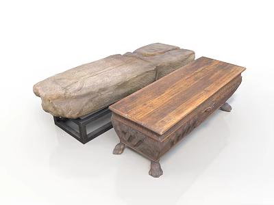 Vintage Wooden Furniture Set With Carved Table And Bench Featuring Wood Grain Details 3d model