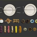 Colorful Assorted Pastries on Metal Stands with White Plates and Various Desserts