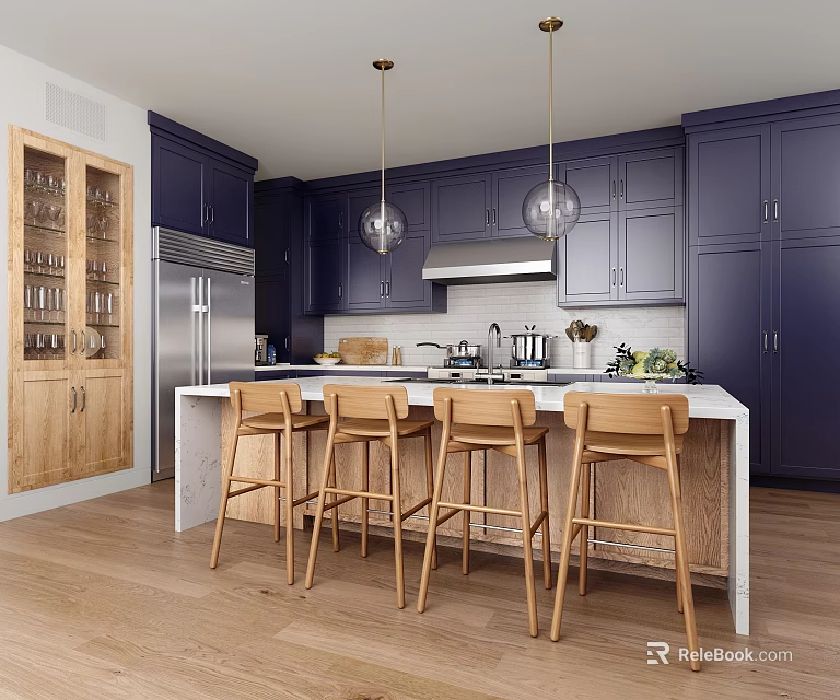 Dark Blue Kitchen Interior With White Island Counter Wooden Bar Stools And Glass Display Cabinet 3d model 