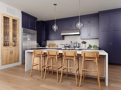Dark Blue Kitchen Interior With White Island Counter Wooden Bar Stools And Glass Display Cabinet 3d model