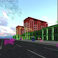 Modern Commercial Street Featuring High Rise Buildings Shops Pedestrians Cars And Greenery