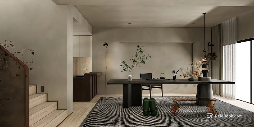 Minimalist Tea Room Interior Design With Long Wooden Table Green Plants And Ceramic Tea Sets 3d model 