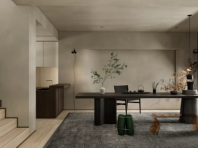 Minimalist Tea Room Interior Design With Long Wooden Table Green Plants And Ceramic Tea Sets 3d model