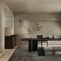 Minimalist Tea Room Interior Design With Long Wooden Table Green Plants And Ceramic Tea Sets