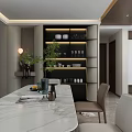Modern Living Dining Room Interior With Open Layout Dark Leather Sofa And Wooden Shelves