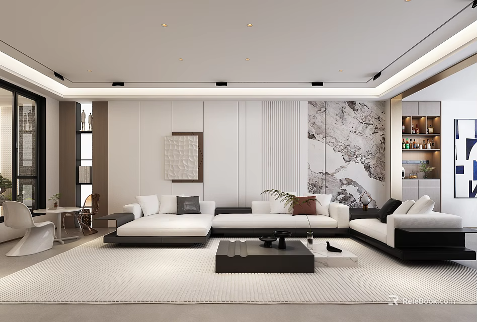 Modern Living Dining Room Interior With Large Sofa Coffee Table And Decorative Wall Art 3d model 