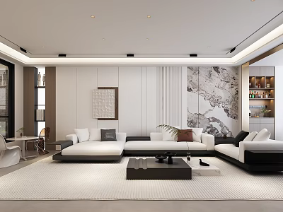 Modern Living Dining Room Interior With Large Sofa Coffee Table And Decorative Wall Art 3d model