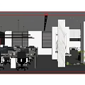 Modern Public Office Space With Desks Computers Pendant Lights Marble Column And Green Plants
