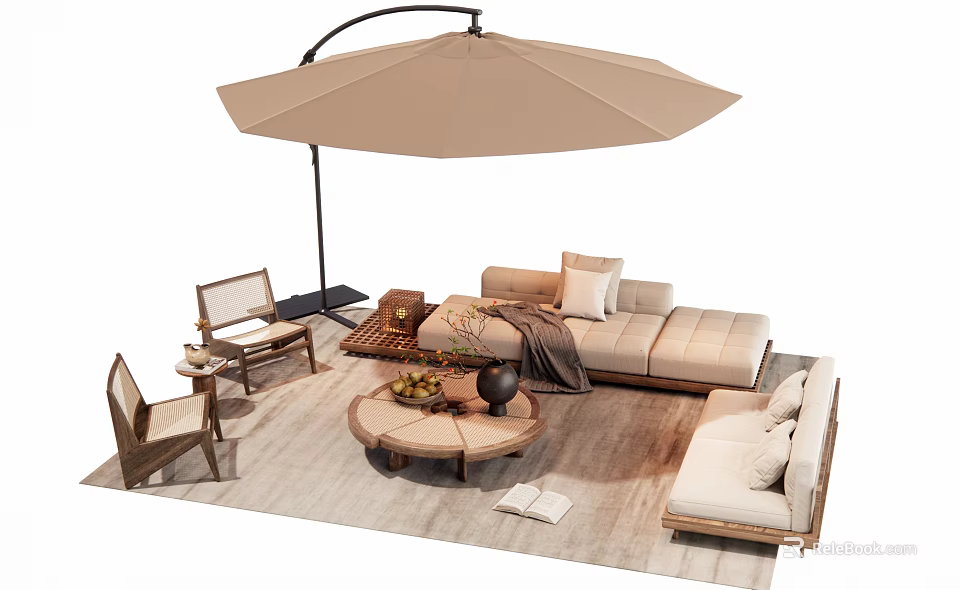 Cozy Modern Outdoor Sofa Set With Large Umbrella Round Coffee Table And Chairs 3d model 