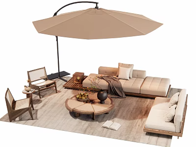 Cozy Modern Outdoor Sofa Set With Large Umbrella Round Coffee Table And Chairs 3d model