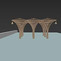 Modern Wooden Architectural Structure With Curved Columns Hanging Lanterns And Water Reflections