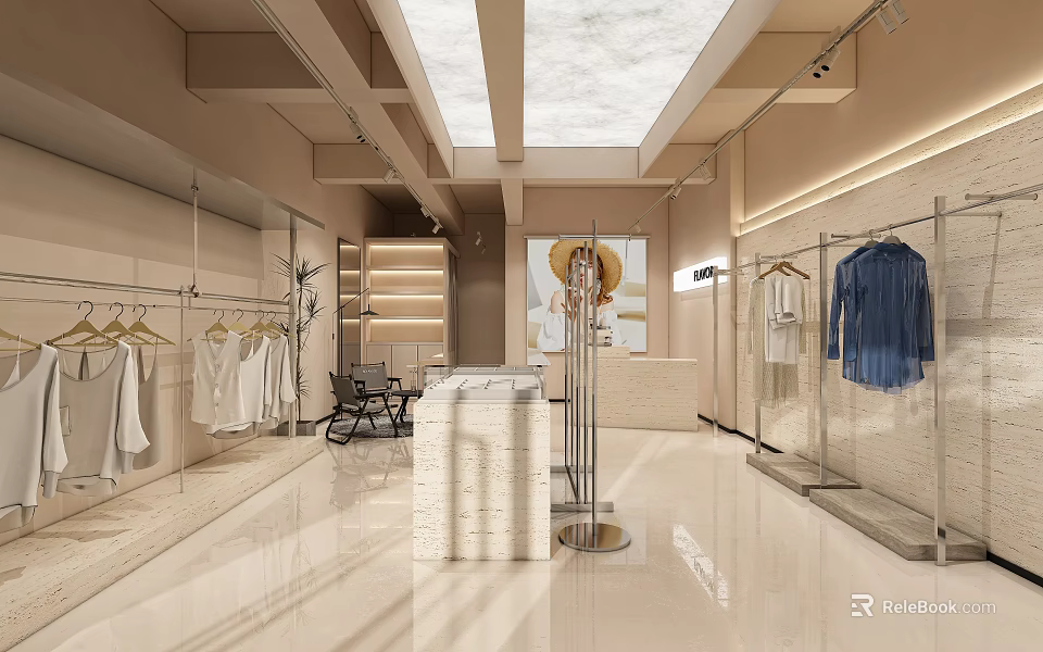 Modern Clothing Store Interior Featuring Hanging Clothes Mannequin Bright Lighting And Light Walls 3d model 