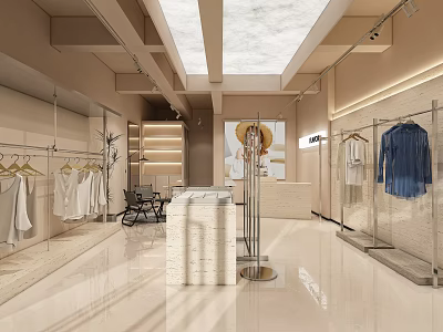 Modern Clothing Store Interior Featuring Hanging Clothes Mannequin Bright Lighting And Light Walls 3d model