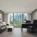 Modern Office Interior With Large Windows City View Sofa Bookshelves And Decorative Sculpture