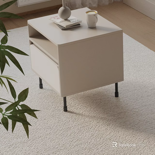 Beige Modern Nightstand With Drawer Black Legs And Book White Cup Near Green Plant 3d model 