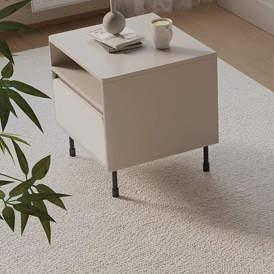Beige Modern Nightstand With Drawer Black Legs And Book White Cup Near Green Plant 3d model