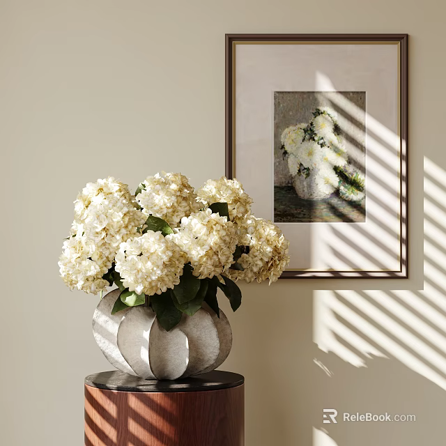 White Hydrangeas In Decorative Vase On Small Table With Framed Wall Art And Sunlight Shadows 3d model 