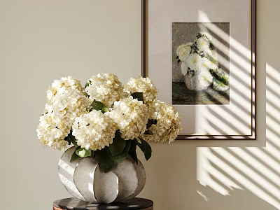White Hydrangeas In Decorative Vase On Small Table With Framed Wall Art And Sunlight Shadows 3d model