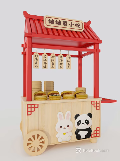 Red Wooden Pavilion Style Chinese Food Shelf With Bamboo Steamers And Rabbit Panda Designs 3d model 